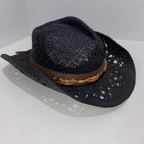 Vamuss Straw Cowboy Hat W/Vegan Leather Band & Beads, Shapeable Brim 57CM - Picture 5 of 11